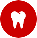 Tooth icon white on red circle background.